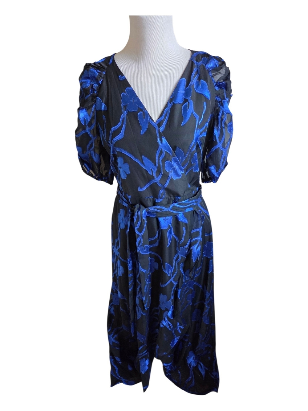 Kensie Black and Royal Blue Floral Midi Wrap Dress